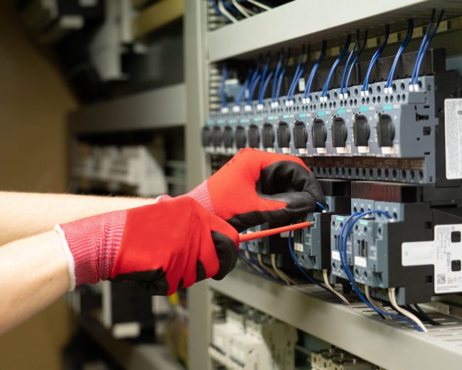 Steuerungstechniker bei der Inbetriebnahme einer Maschine Steuerungstechniker bei der Inbetriebnahme einer Maschine