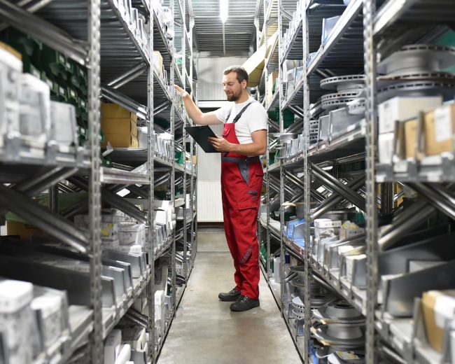 Mitarbeiter im Lager mit KFZ-Ersatzteilen in einer Autowerkstatt // Employees in the warehouse with spare parts for cars in a garage